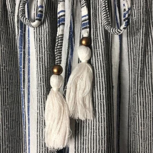 Angie Boho  Striped Pants Blue White Black S Elastic Waistband Tassels Pockets - Picture 12 of 12